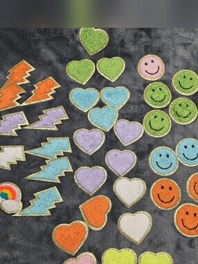 Chenille Patches Fun Smiley Face Heart Lightening Bolt Heart Assorted  40 Pc